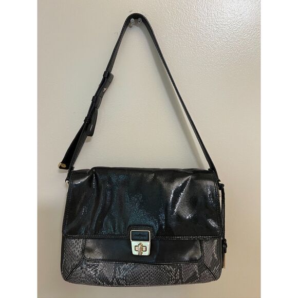 Cole Haan AVA snakeskin embossed black and gray turnlock shoulder bag - Picture 2 of 11